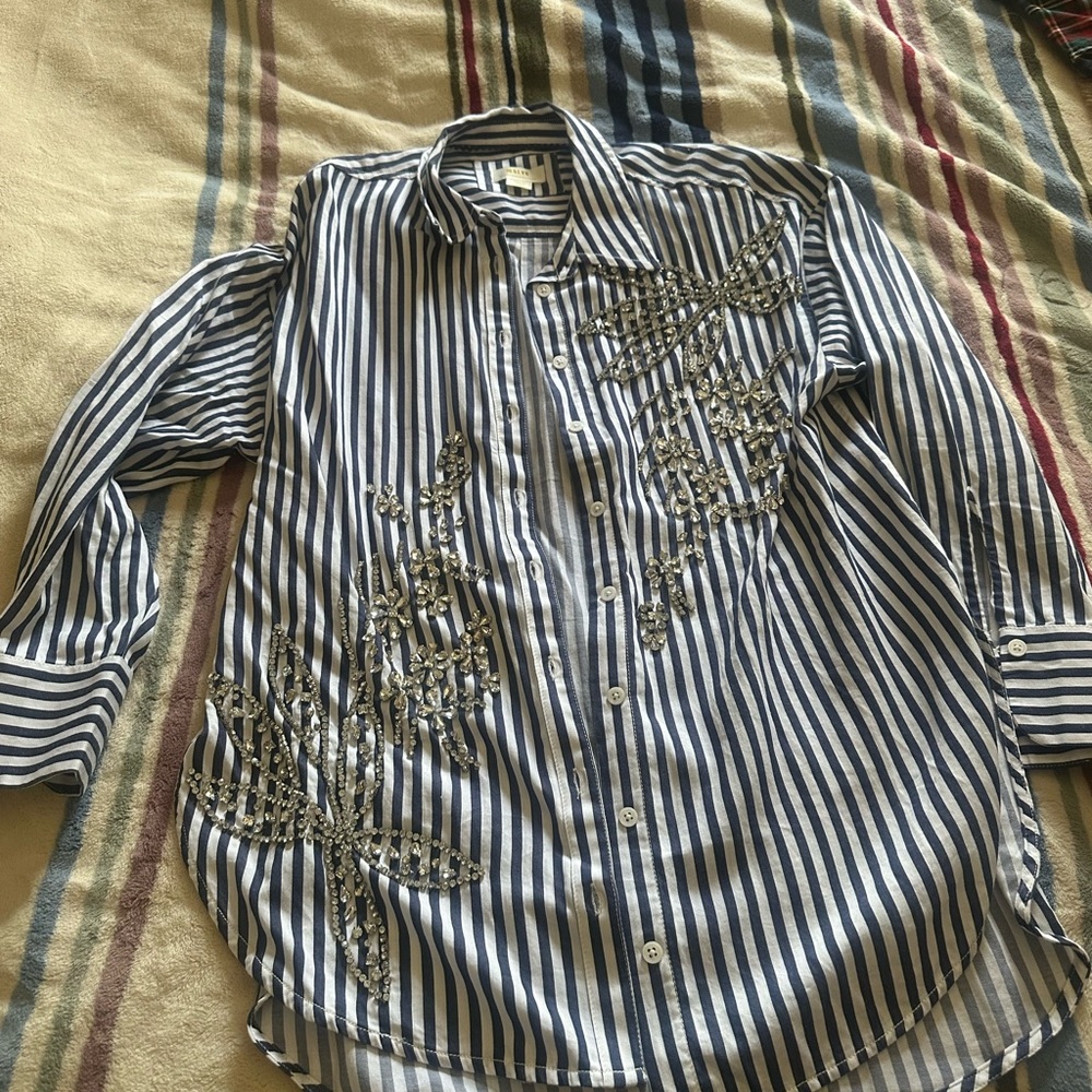 Mauve Striped Button-Up Shirt with Embellishments from Anthropology